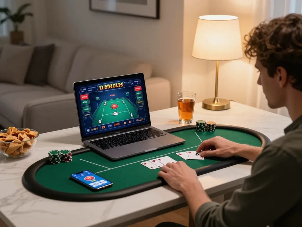 Person playing Kkwin poker online on a laptop in a stylish living room setup