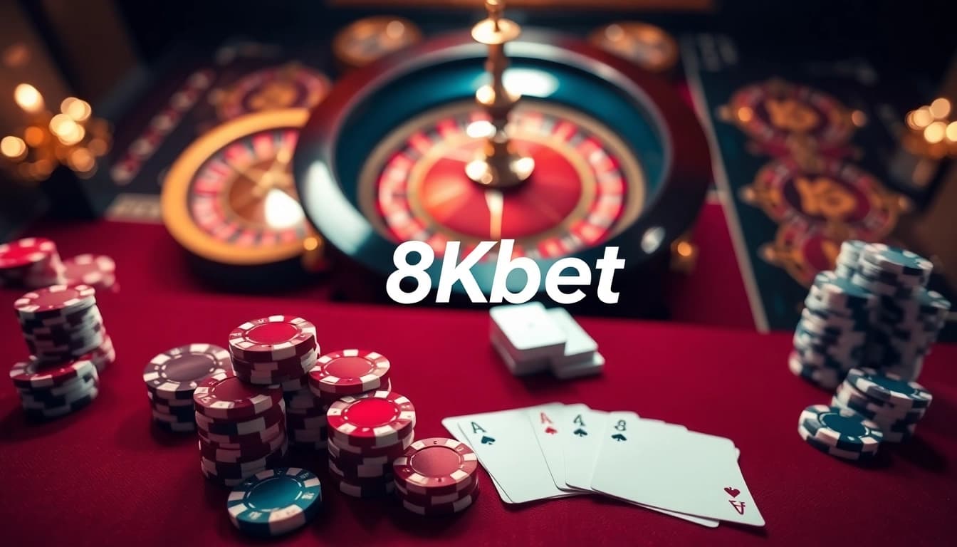 Exciting gaming scene at 8kbet with poker chips and a roulette wheel, highlighting luxury and thrill.