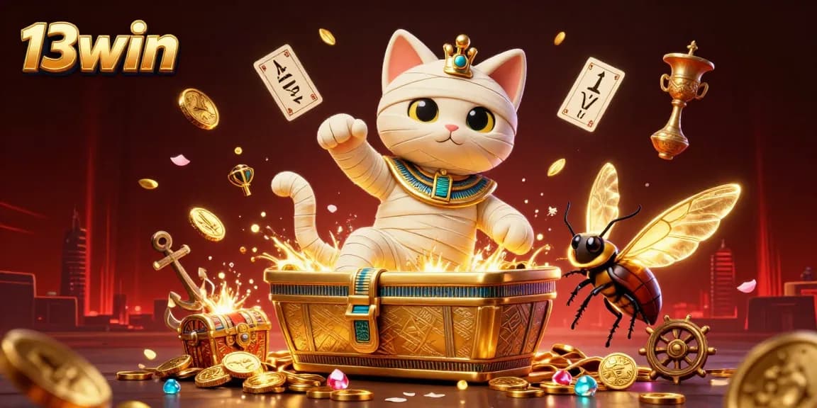 Play 13win's thrilling games with a mesmerizing mummy cat and glowing treasures in an enchanting casino scene.