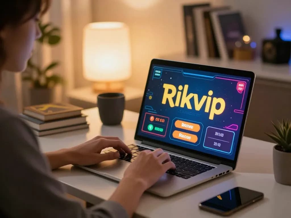 Engaging in online gaming with Rikvip on a laptop, showcasing strategic betting.