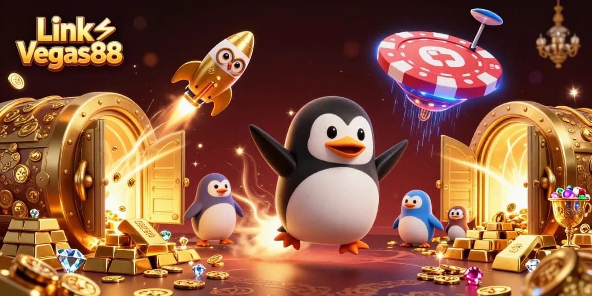 Spin to win at Link Vegas88 with golden treasures and casino excitement in a vibrant 3D scene.