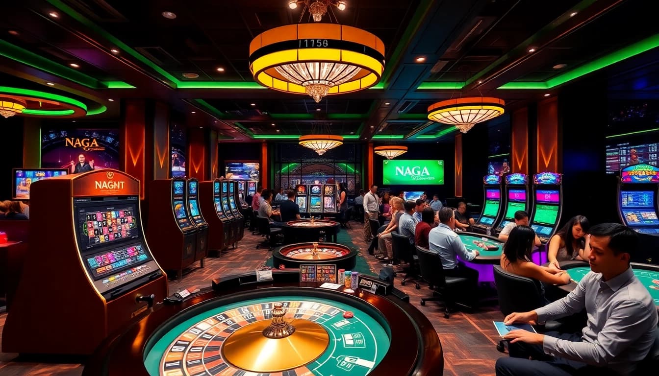 NAGA1001 casino scene featuring slot machines and poker tables in an exciting gambling atmosphere.