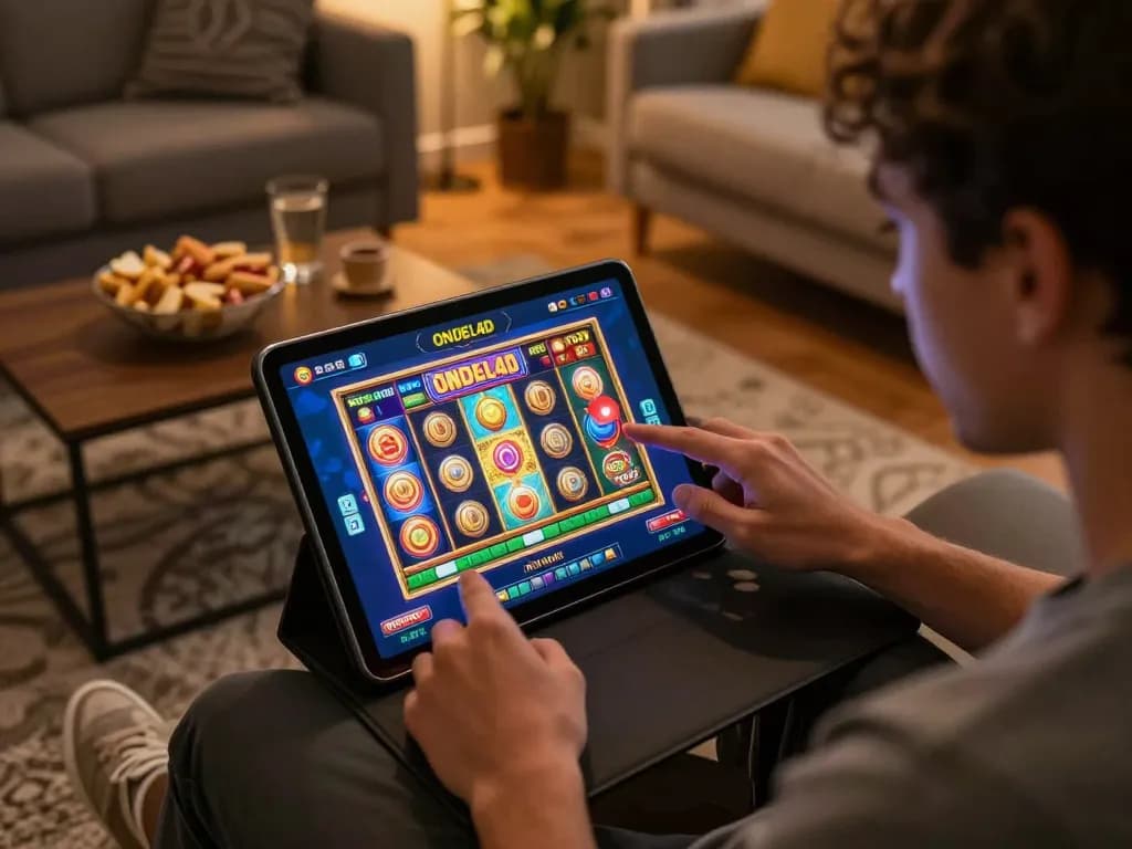 Pemain yang terlibat menggunakan aplikasi ONDEL4D untuk pengalaman permainan slot yang menarik di ruang tamu yang nyaman.
