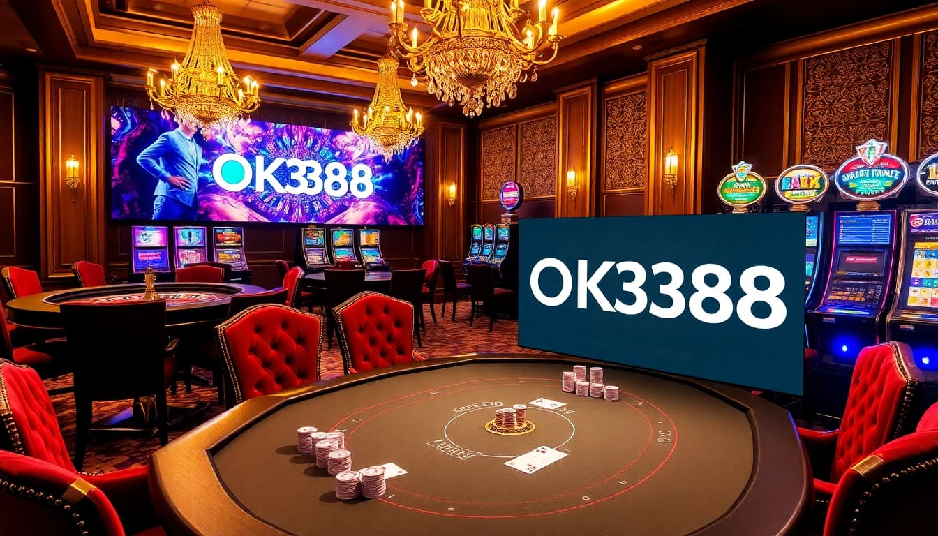 Experience thrilling gameplay at OK8386 with vibrant poker chips and cards on a lavish casino table.