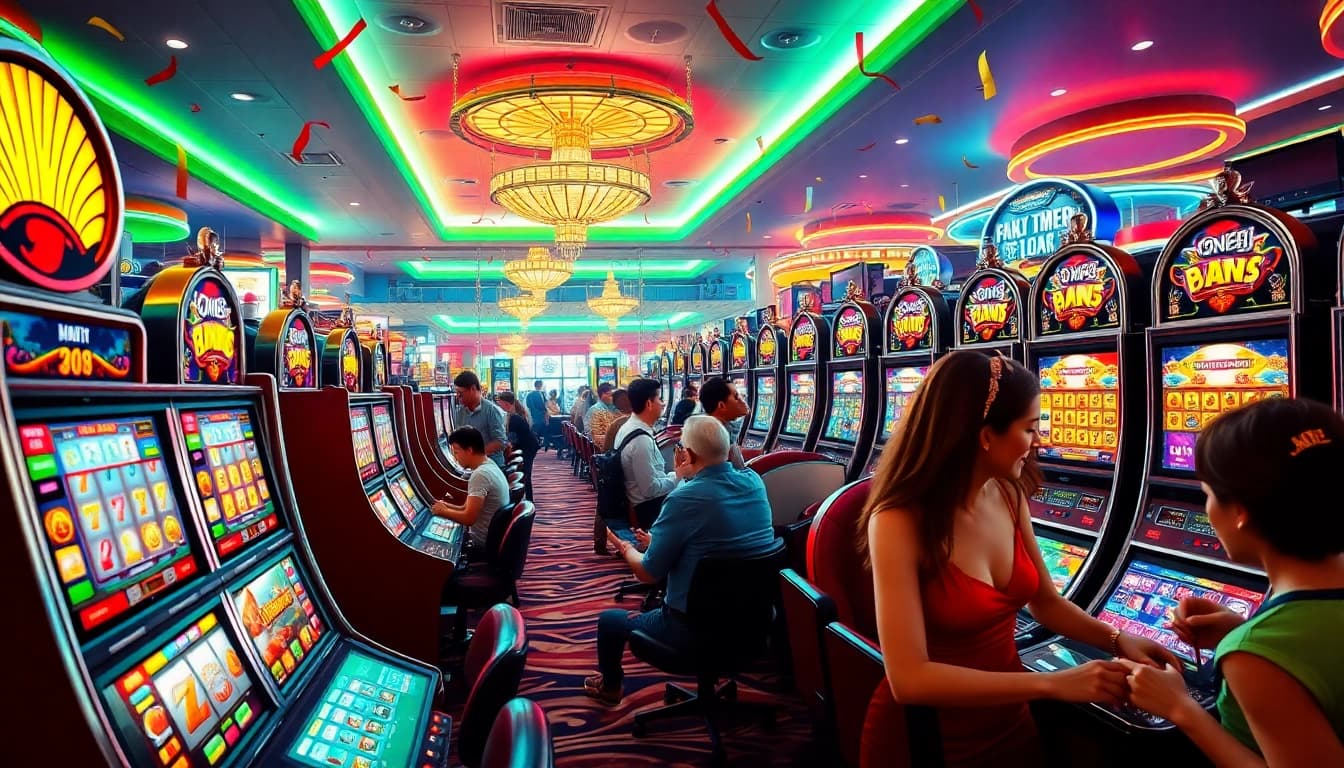 Main attraction situs slot gacor di kasino, menampilkan mesin slot dan pemain yang antusias.