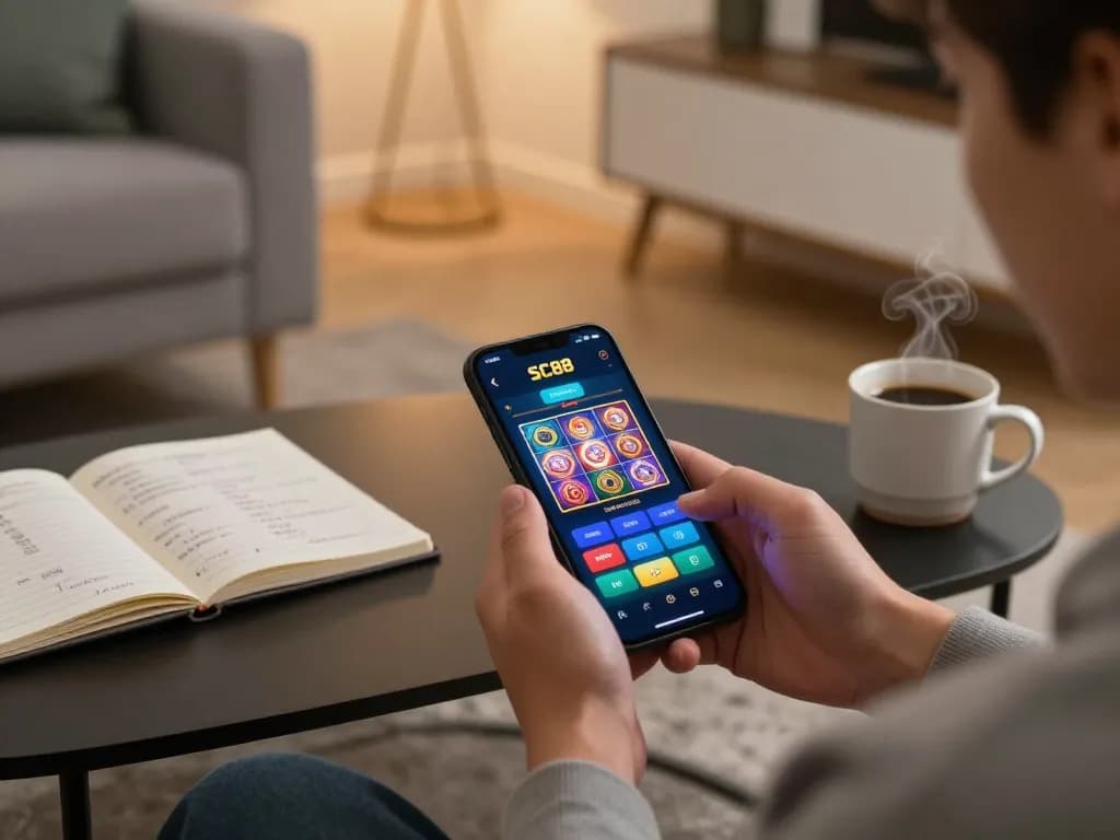 Engaging with the SC88 app, a player analyzes game strategy while enjoying a cozy home setting.
