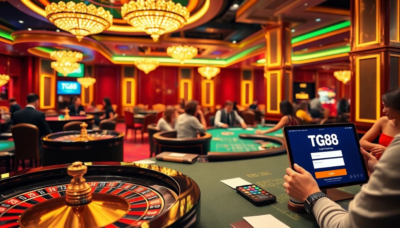 Exciting TG88 đăng nhập casino scene with vibrant gaming tables and thrilling bets