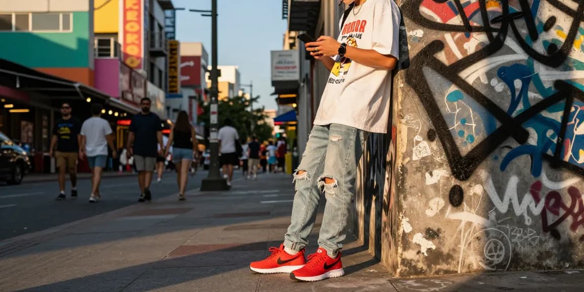 Orang muda dengan sneakers Nike x NOCTA Glide "Bright Crimson" berdiri di jalan kota, menunjukkan gaya urban yang fashionable.