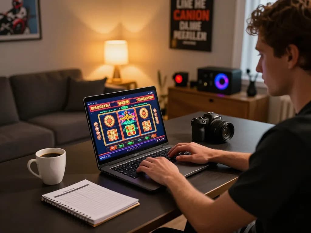 Person exploring online casino games at OK8386 with vibrant slot graphics on screen and strategic notes