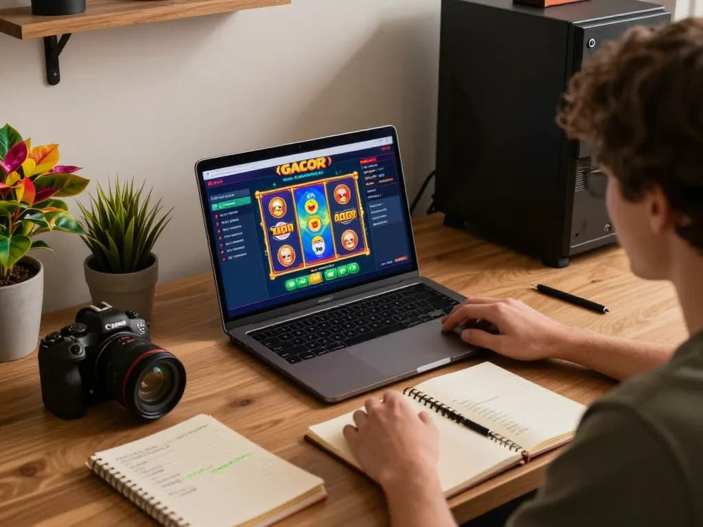 Engaging in slot gacor gameplay on a laptop at home, blending strategy and casual entertainment.