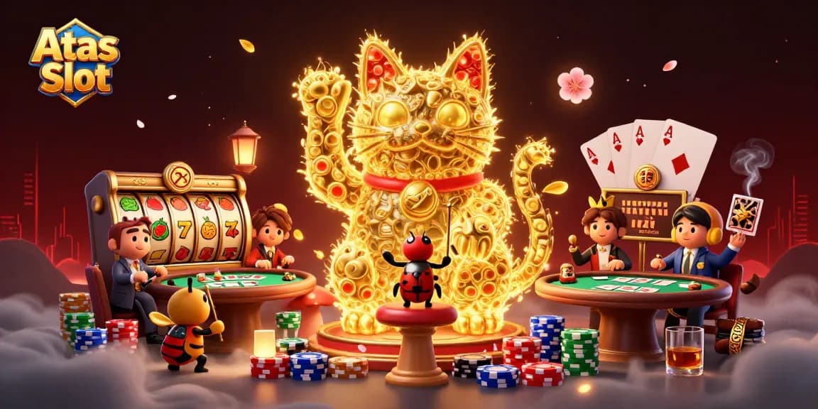 Engage with exhilarating Atas Slot action featuring dynamic golden fireflies symbolizing luck in a 3D casino world.