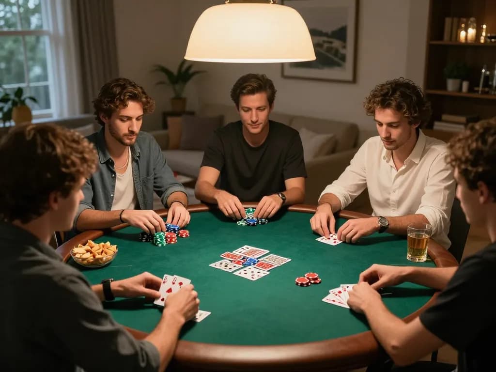 Hitclub poker night with friends enjoying a cozy atmosphere around a table full of chips and cards.