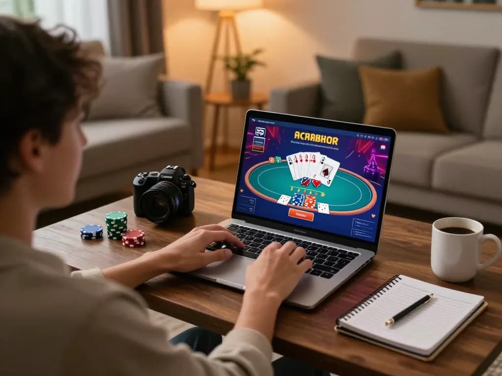 The player engages in online casino gaming at bj88bj using a laptop showcasing poker action and strategy.