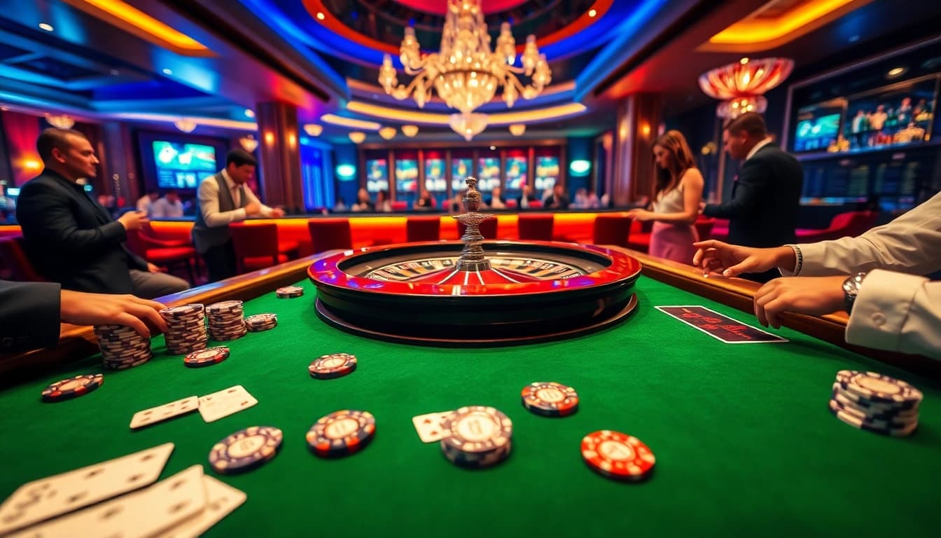 Watch players engaging at a roulette table in a vibrant casino scene on https://cm88bet.us/ban-ca-cm88/ featuring poker chips and cards.