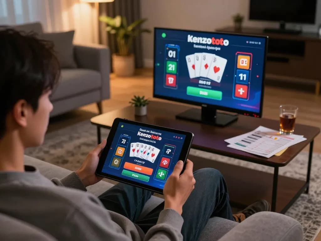 Terlibat dalam permainan kasino online melalui kenzototo login di tablet dalam suasana rumah yang nyaman.