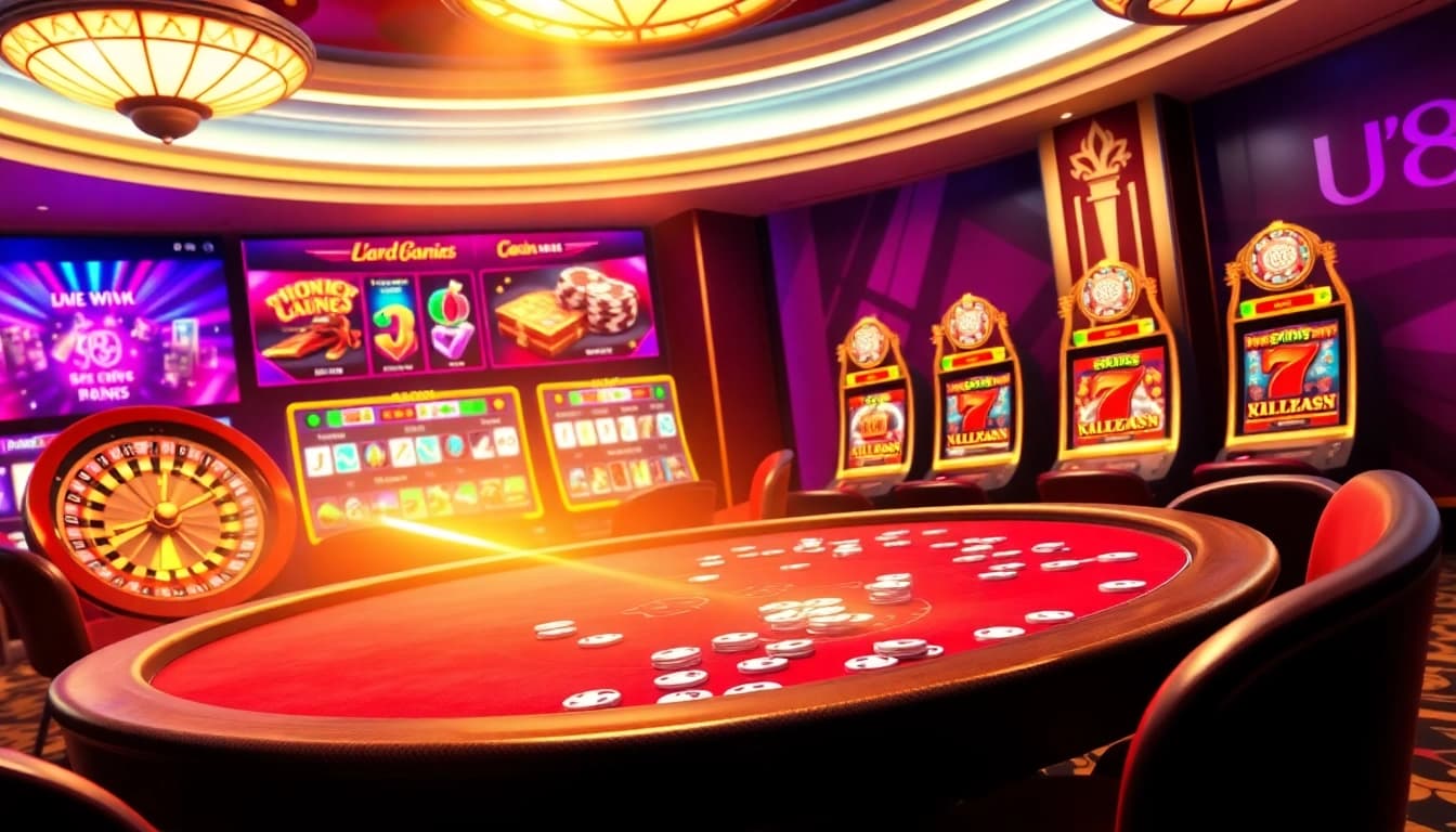 Experience thrilling online gambling at uu88 with vibrant slot machines, cards, and chips in action.