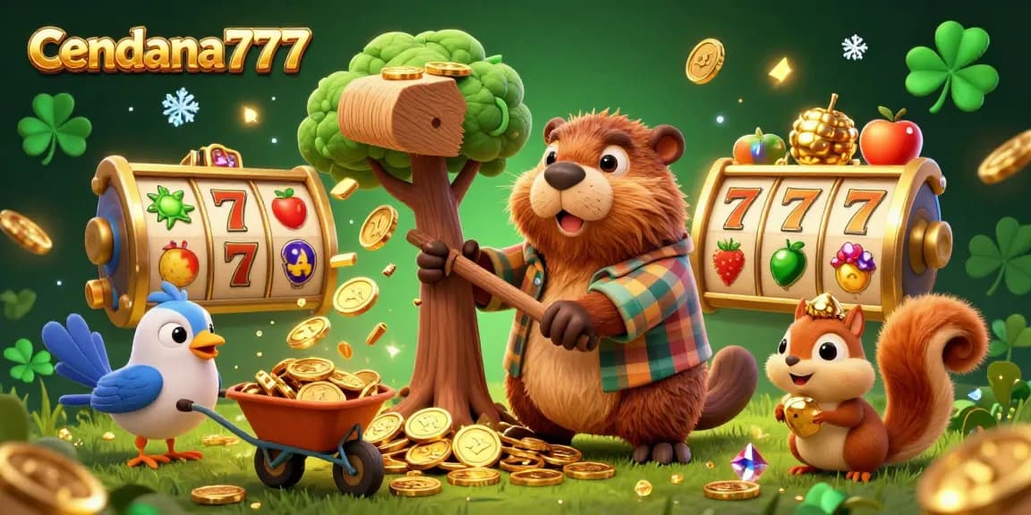 Cendana777 features a vibrant 3D illustration of a beaver collecting gold coins in a casino theme.