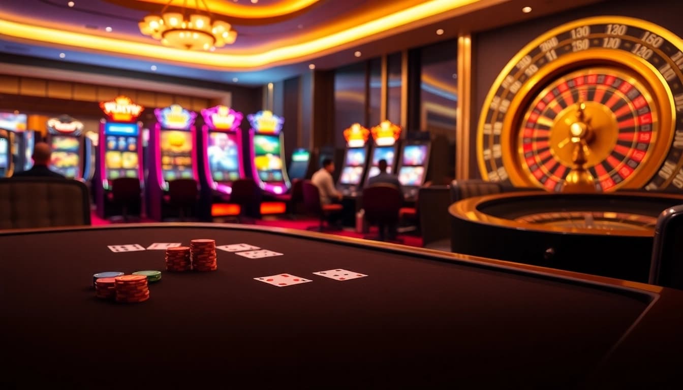 Engaging scene of Luckywin giải trí capturing poker, slot machines, and roulette excitement