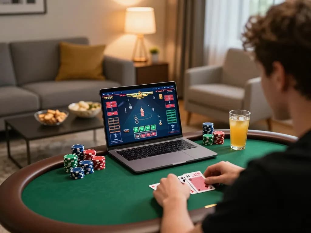 Engaging online poker gameplay on a laptop for tg88 with chips and cards visible in cozy home setting