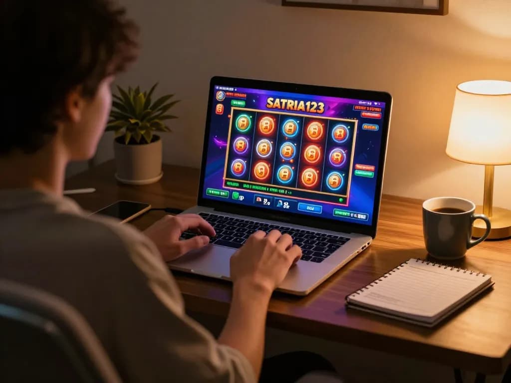SATRIA123 player engaging with vibrant online slot game interface in a cozy home setup