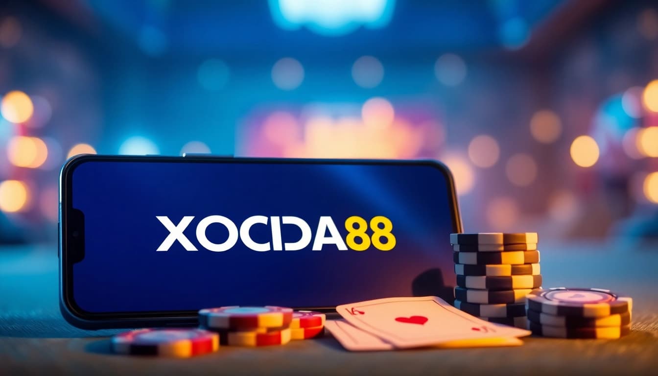 Engaging display of the XOCDIA88 app on a smartphone amidst colorful gaming elements.