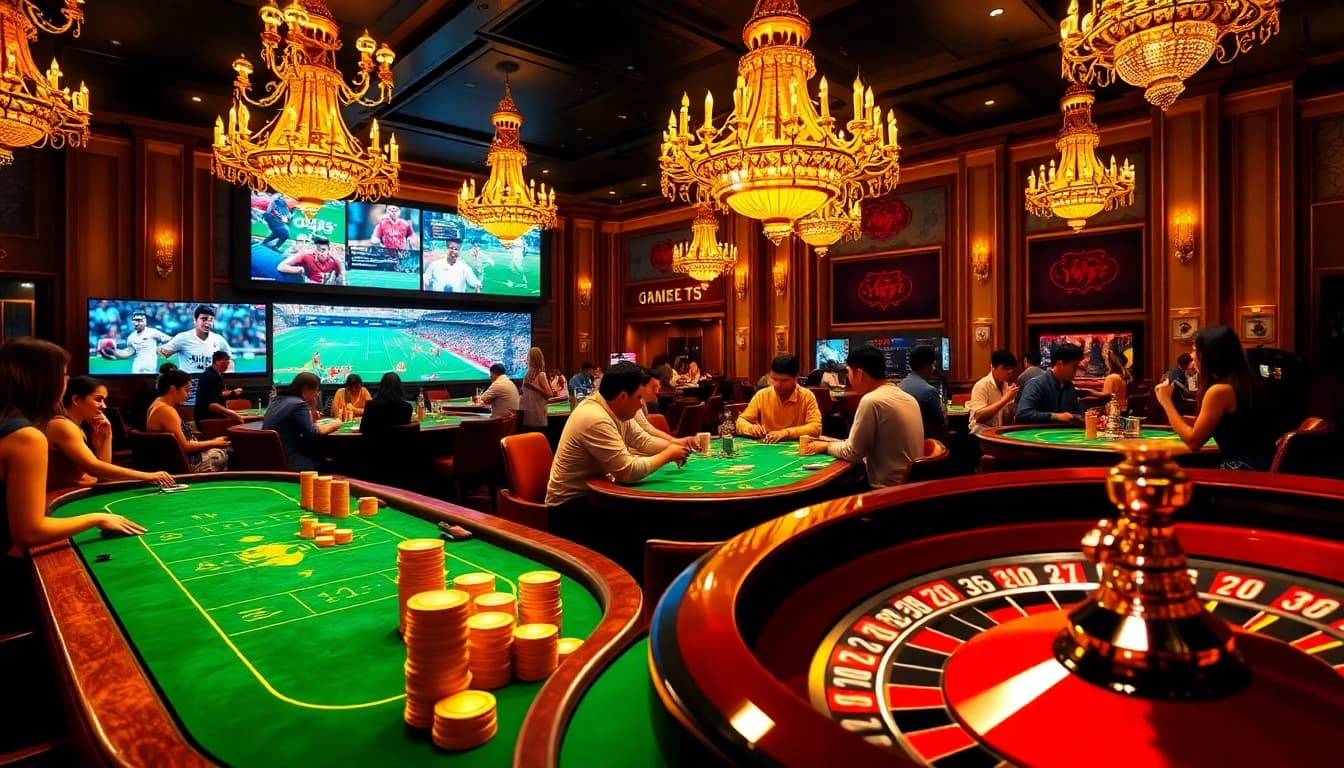 Exciting gambling action featuring Vào Lưới TV scenes with roulette, poker, and vibrant players.