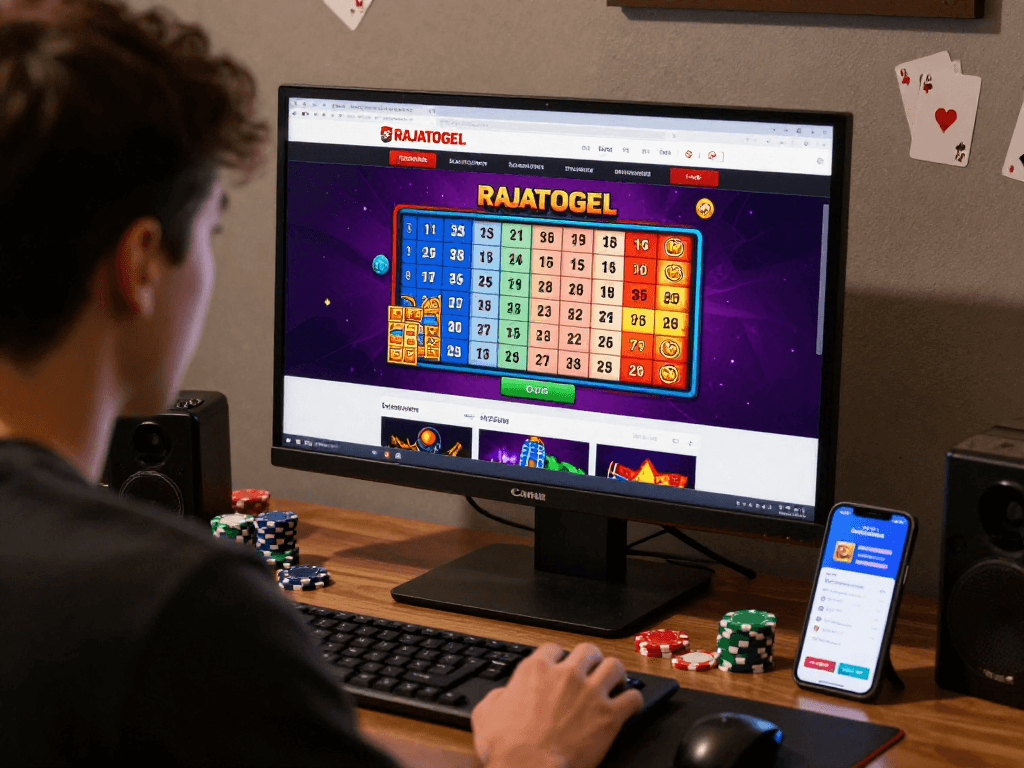 Pengguna RAJATOGEL bermain togel online dengan antusias, dikelilingi dekor tema kasino.