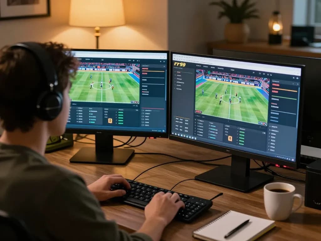 Engaged player using rr99 app for live sports betting in a cozy home office setting.