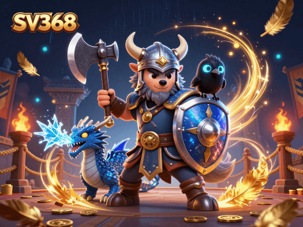 Engage in betting adventures at SV368 with a Viking warrior, dragon, and vibrant casino elements.