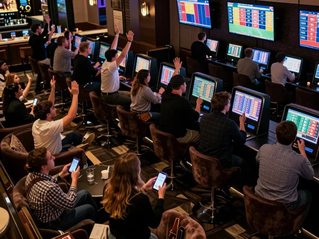 Fans engaged in sports betting at ALO8 mobile app in a vibrant lounge atmosphere