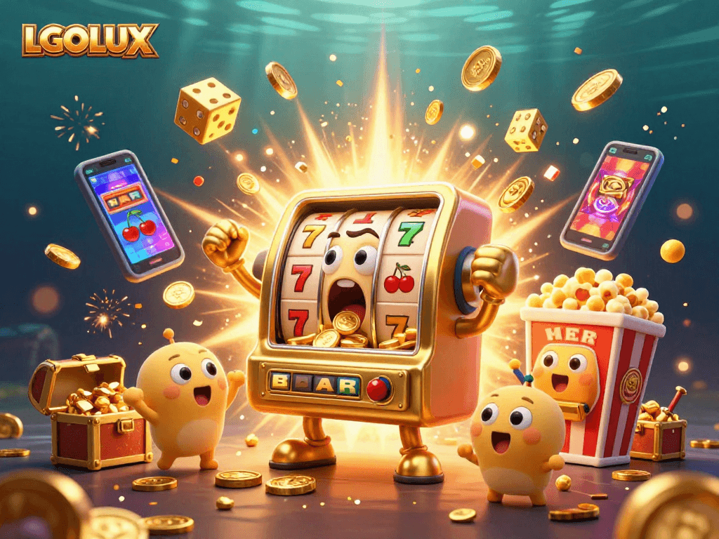 LGOLUX animated slot machine celebrates winning with coins flying, showcasing a vibrant casino atmosphere.