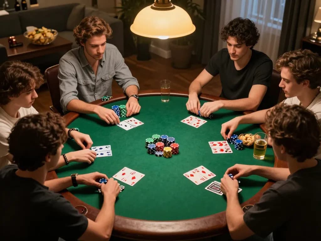 Players strategizing wins with qq alfa in a lively home poker night ambiance.