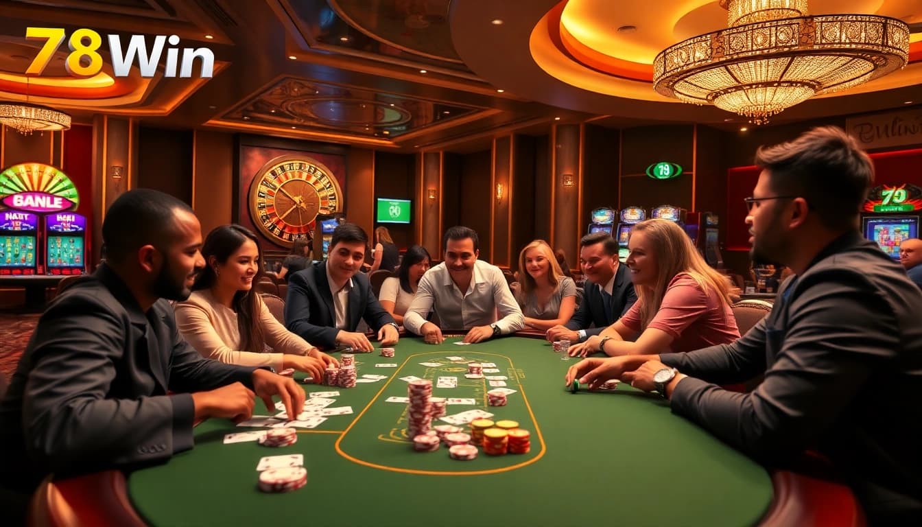 Experience thrilling gameplay at 78Win's lively poker table surrounded by enthusiastic gamblers.