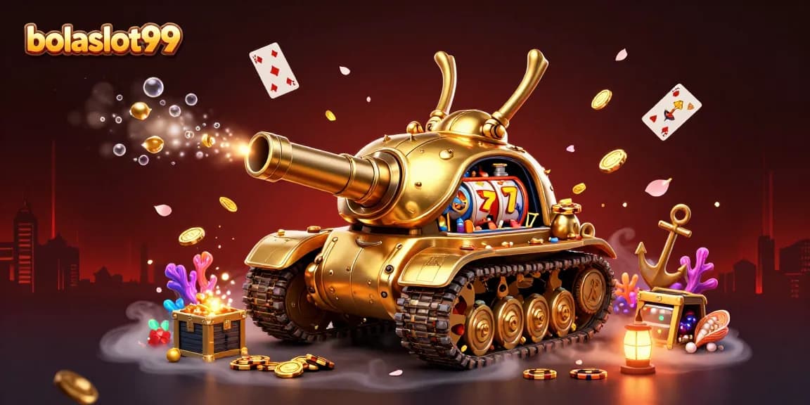 Bolaslot99 features a golden beetle tank casino amidst vibrant treasures and cards.