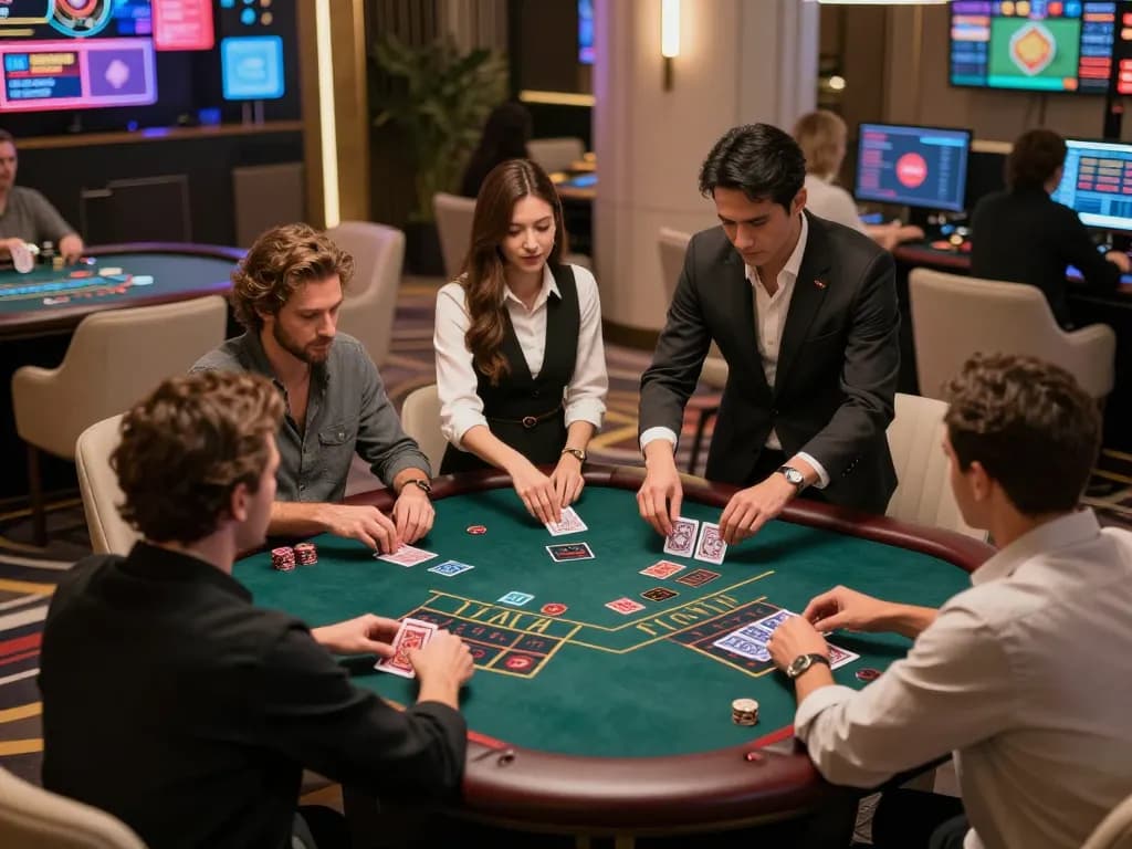 Players strategizing their bets at alo8's live dealer blackjack table in a modern casino environment.