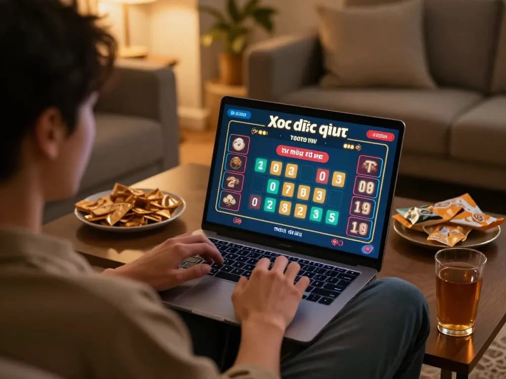 Engaging in xóc đĩa trực tuyến while enjoying a cozy home atmosphere with betting options visible.