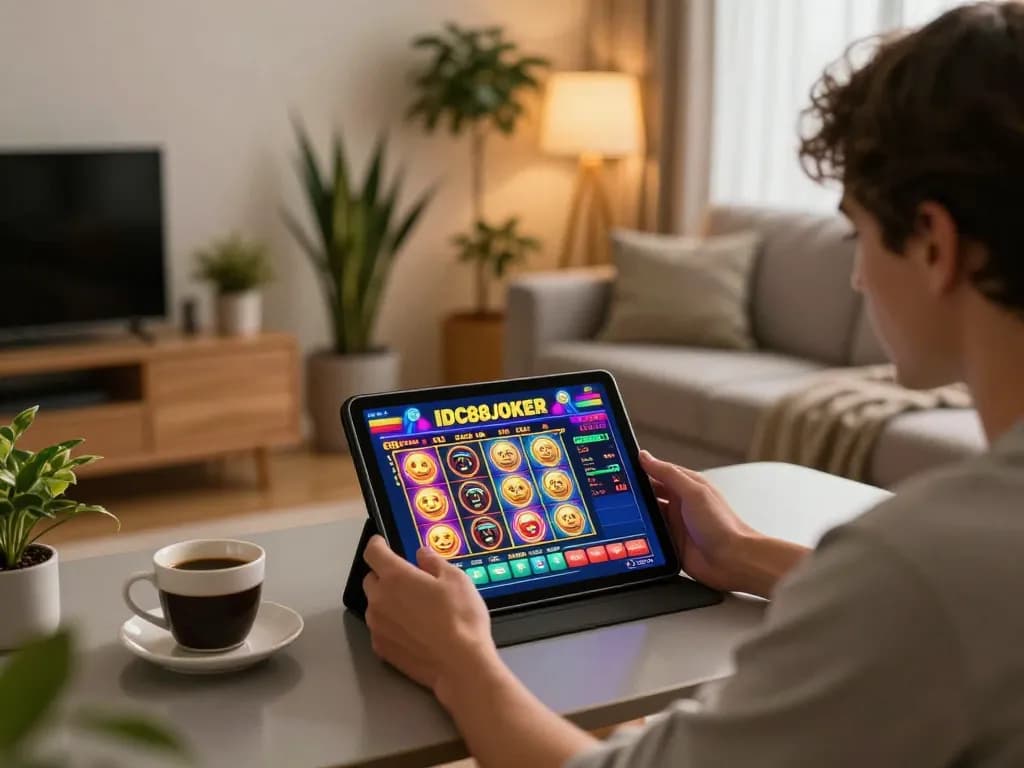 Engaging player immersed in IDC88JOKER online slots, showcasing vibrant game action