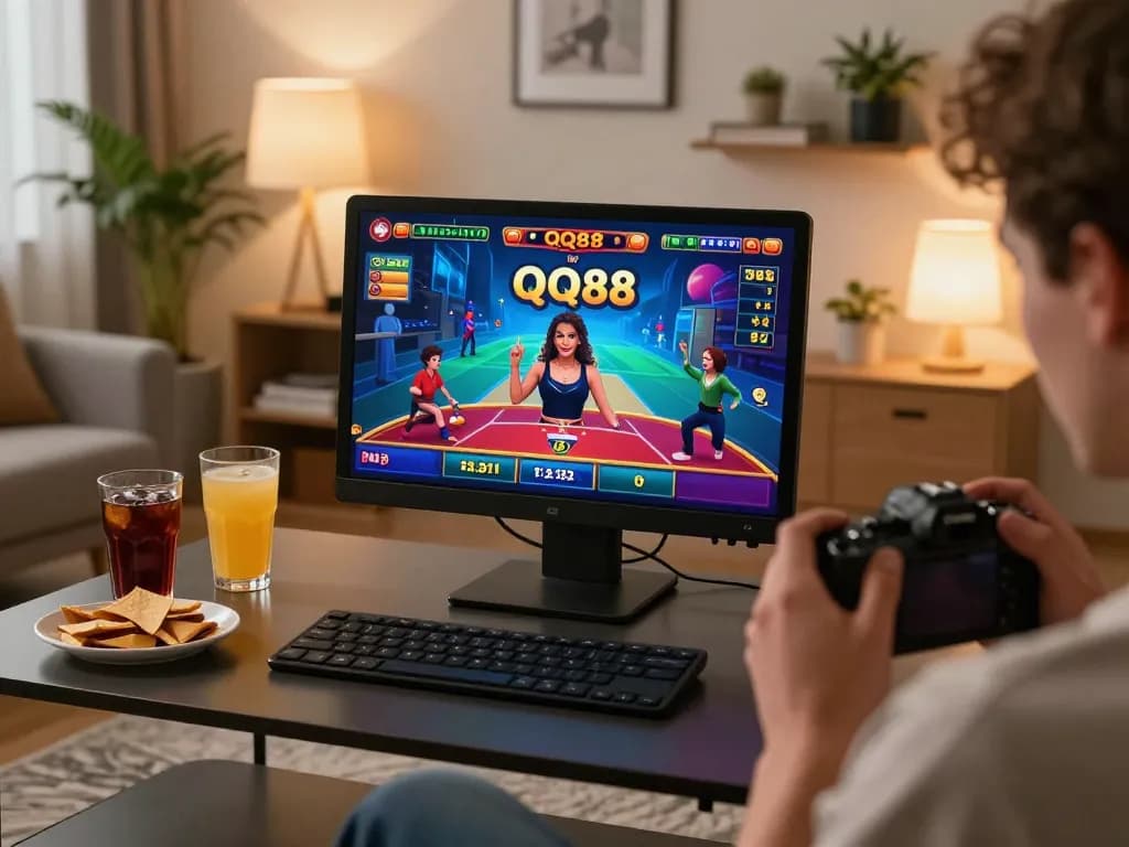 Engaging in QQ88 live dealer games on a smartphone in a cozy home setup, showcasing modern online gambling.