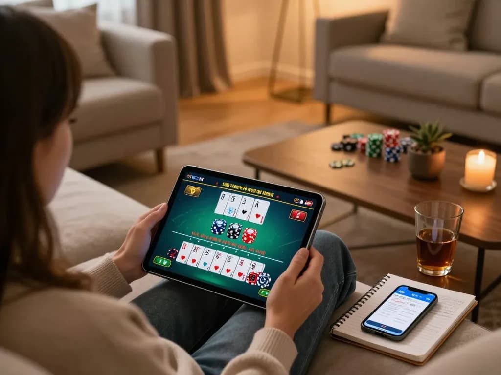 Engaging in online casino gameplay with llwin tablet setup, showcasing blackjack excitement at home.