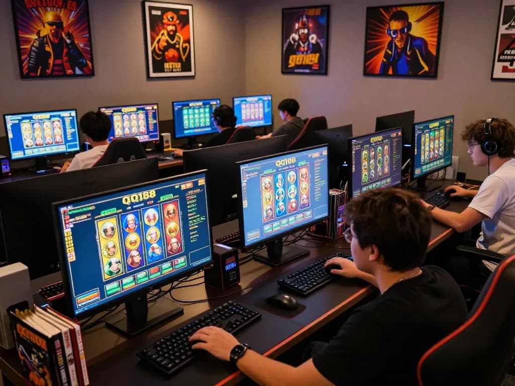 Pemain yang terlibat dengan permainan QQ188 Slot di beberapa layar, menggambarkan kegembiraan permainan online.