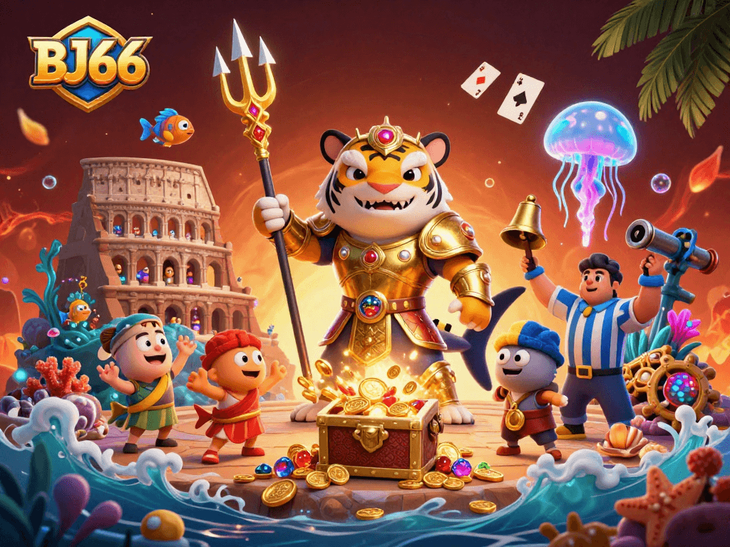 Experience thrilling gambling action at BJ66 with the dynamic shark gladiator battle scene.