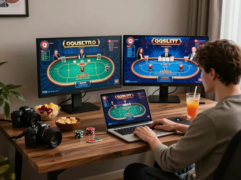 Engaging player enjoying poker gameplay on QQSLOT platform in a cozy home office