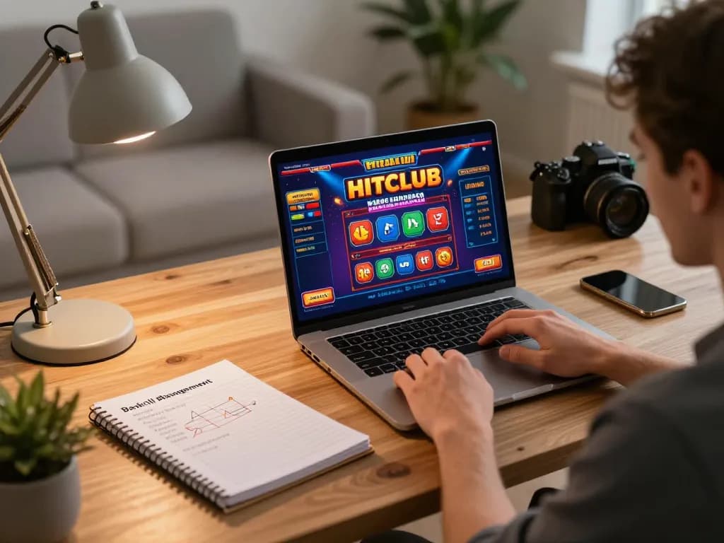 Player enjoying Hitclub online casino experience with strategy notes, highlighting responsible gambling.