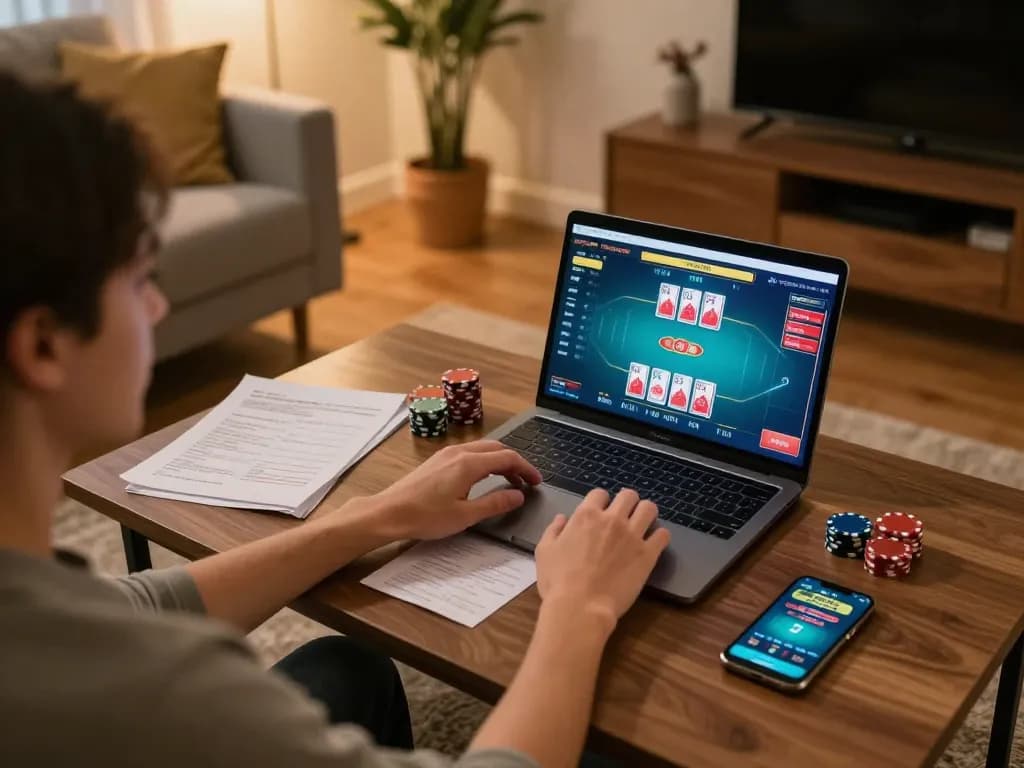 KJC player engaging in an online poker game with a live dealer in a cozy home setting.