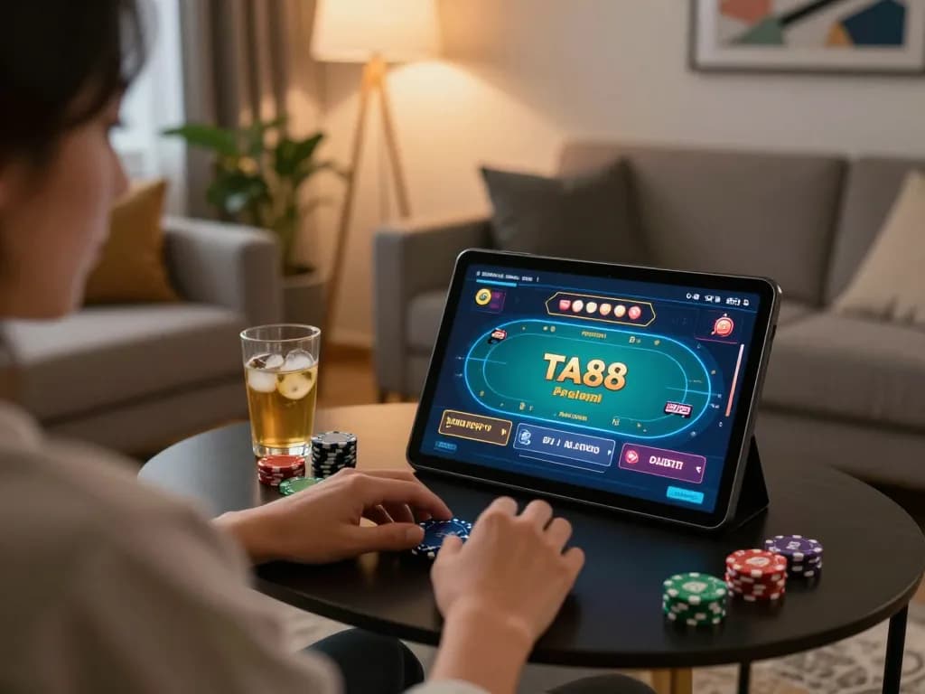 Engaging gamer's setup at home highlighting TA88 poker game on tablet with strategic focus.