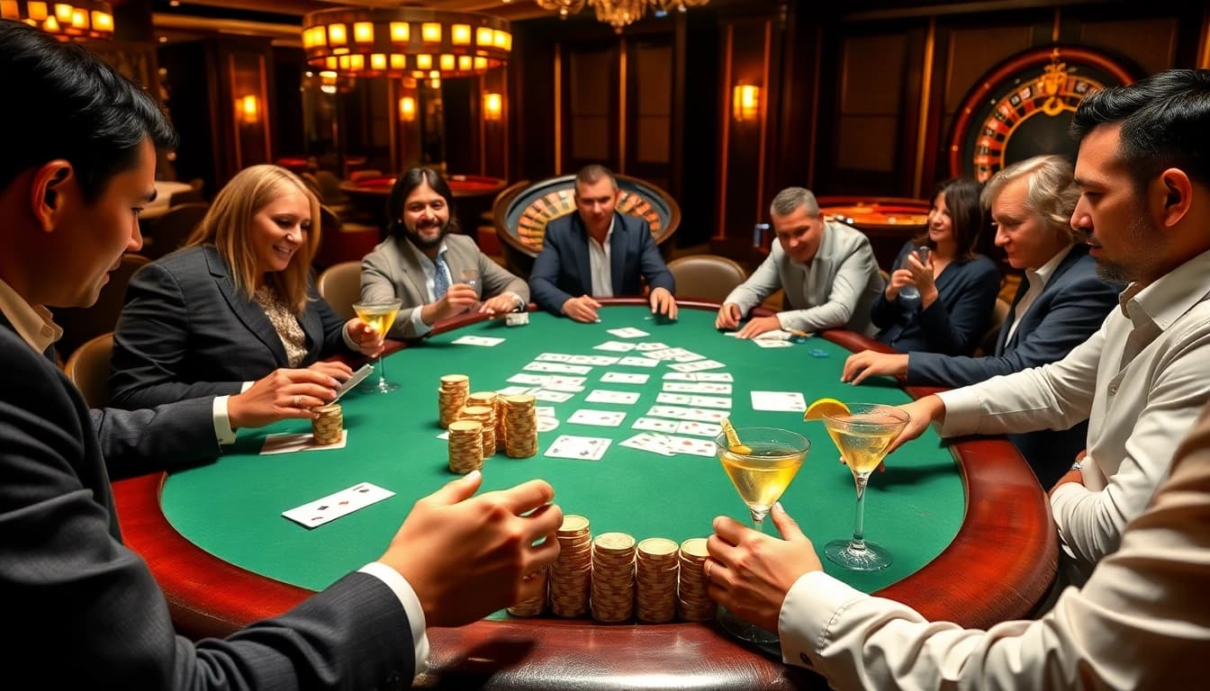 Exciting poker game at a luxurious casino table with players, chips, and cards.