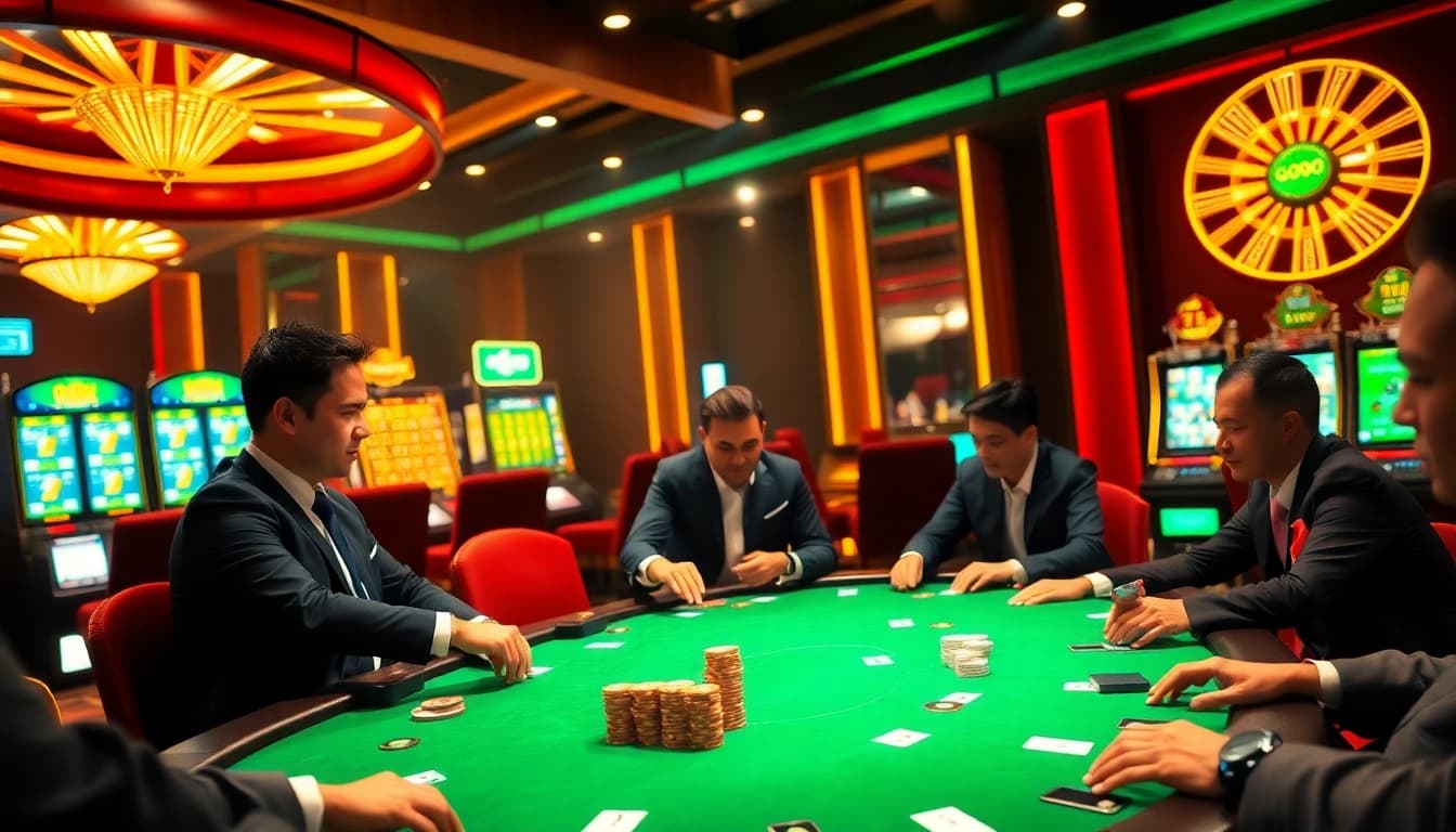 Professional poker players strategizing at a vibrant go99 casino table, filled with excitement.