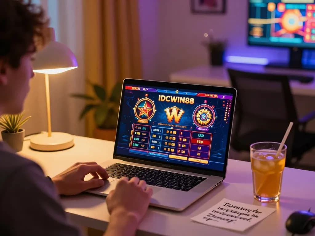 Engaged player enjoying IDCWIN88 online slots in a cozy home office.