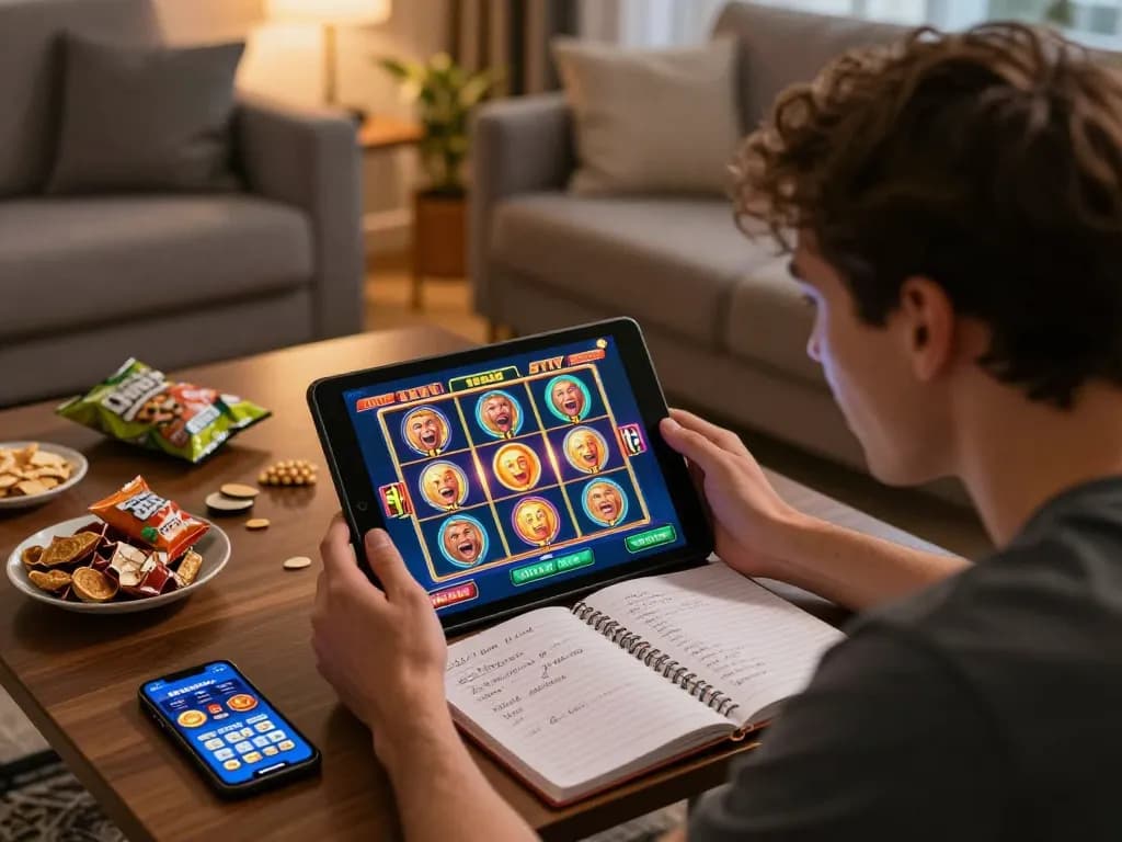 Excited player using OKESLOT app on a tablet while enjoying online slot games in a cozy living room.