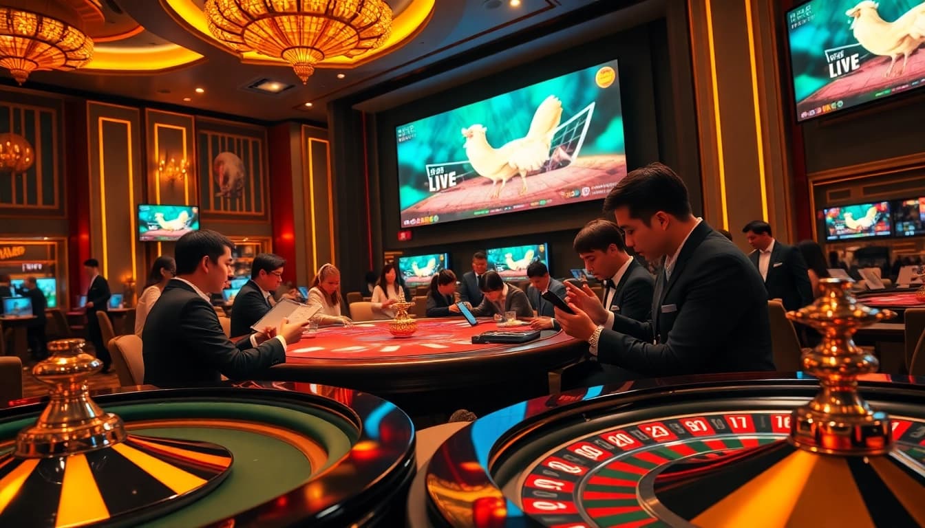 xem đá gà trực tiếp with enthusiastic players and vibrant betting activities in a luxury casino setting